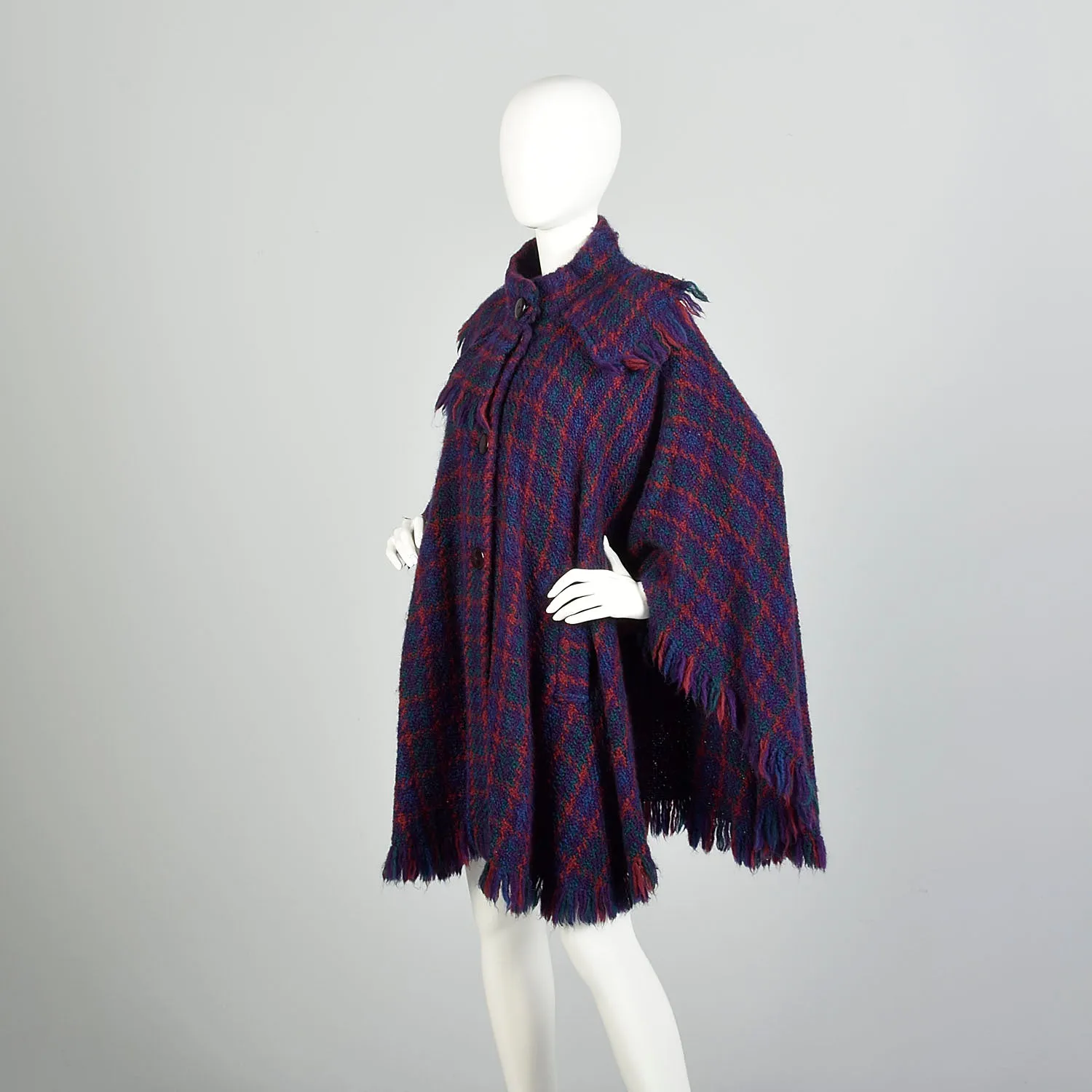 OSFM 1980s Purple Blue Green Red Plaid Wool Poncho Long Cape Woven Textile Jewel Tone Wrap