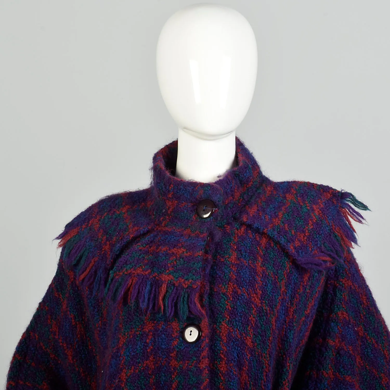 OSFM 1980s Purple Blue Green Red Plaid Wool Poncho Long Cape Woven Textile Jewel Tone Wrap