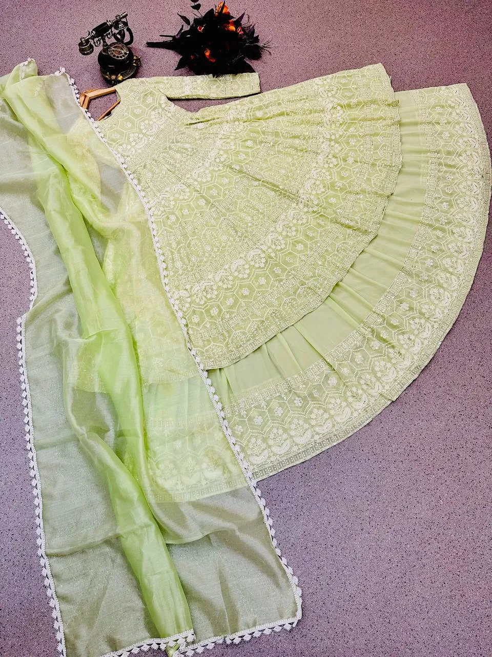 Pista Green Lehenga Suit in Faux Georgette with Heavy Embroidery