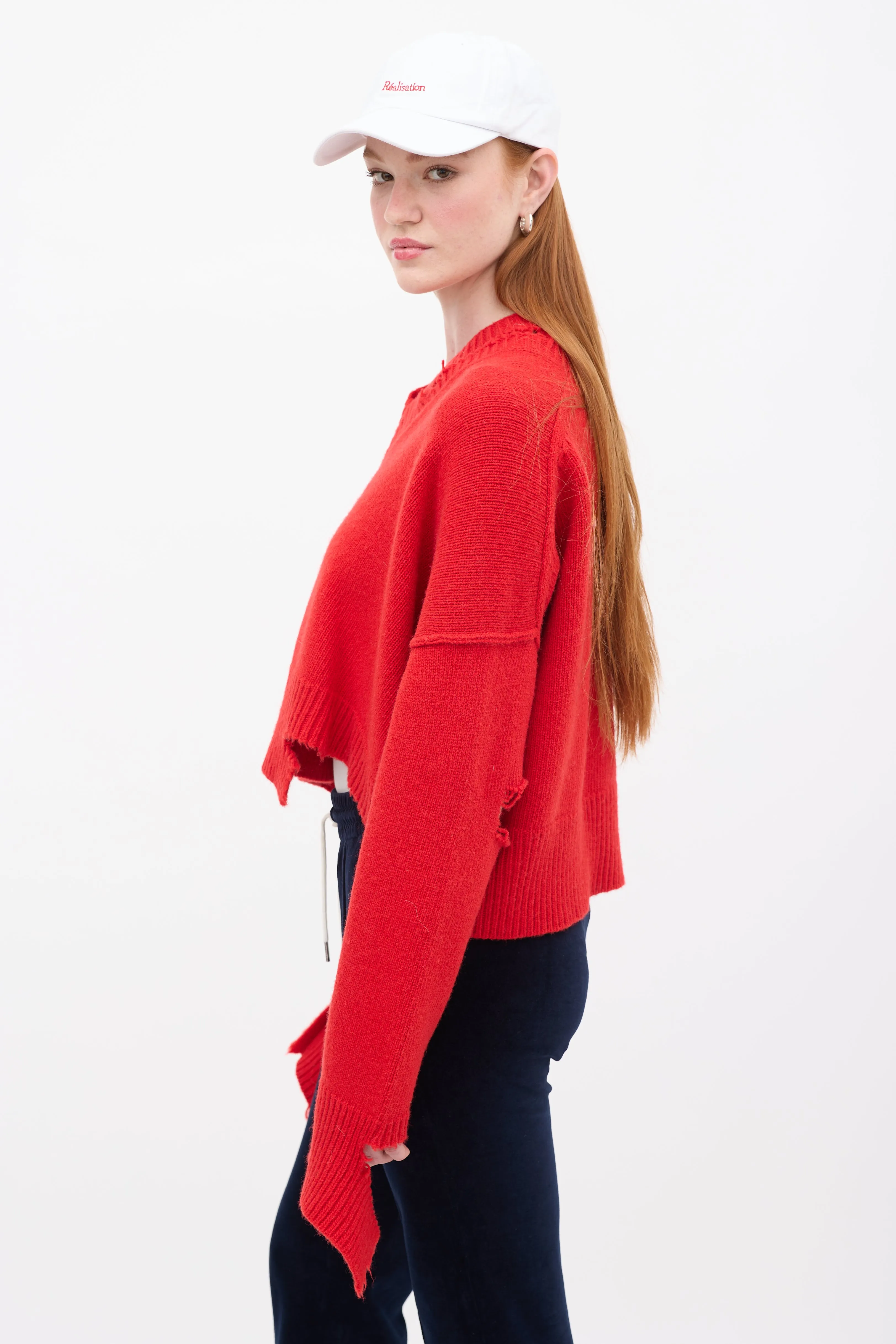 Red Distressed Wool Crop Sweater