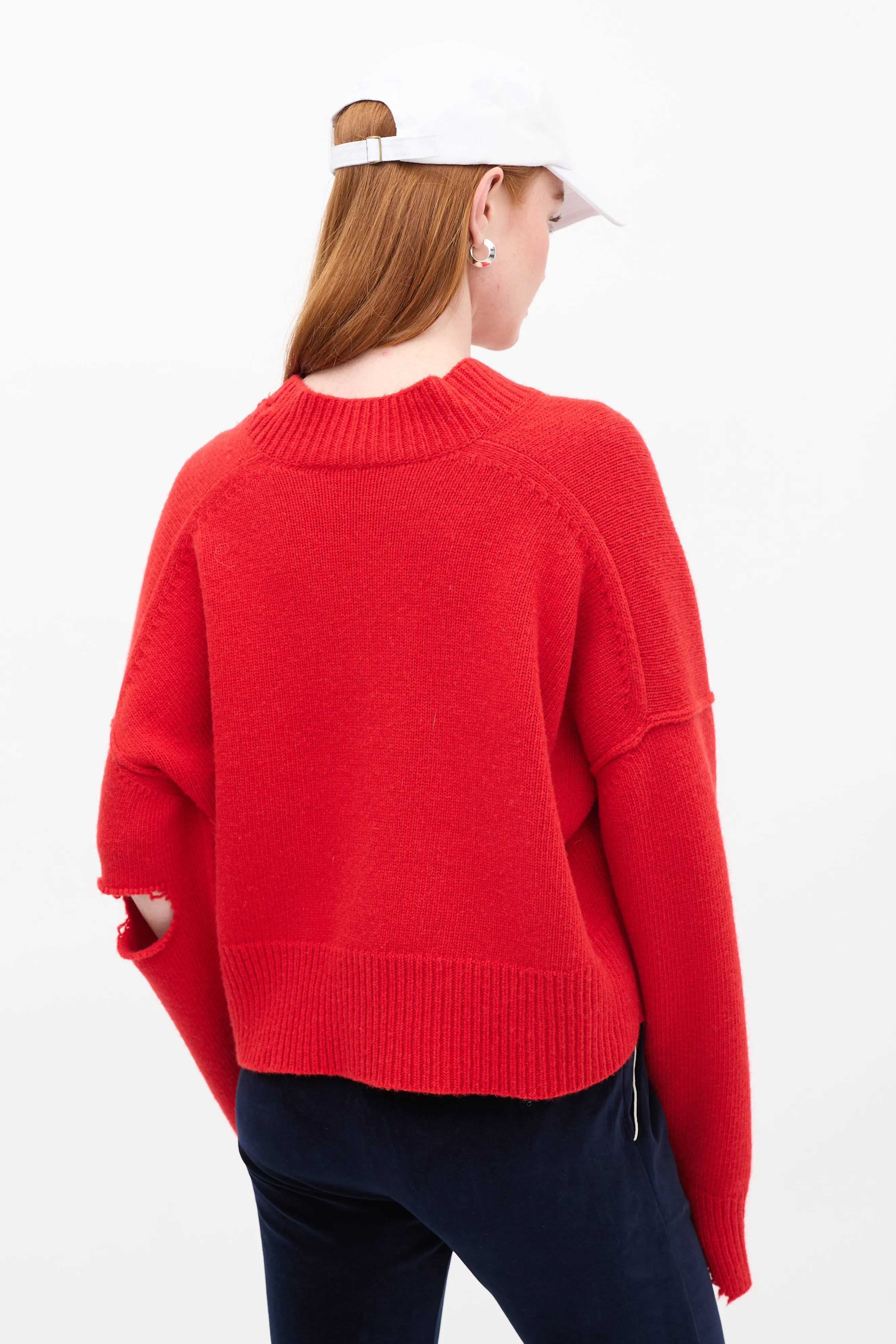 Red Distressed Wool Crop Sweater