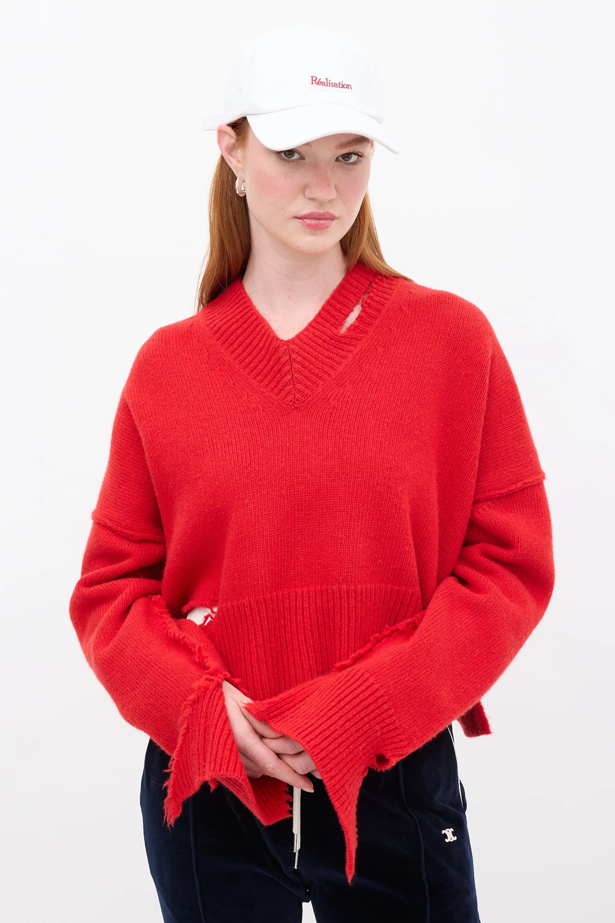 Red Distressed Wool Crop Sweater
