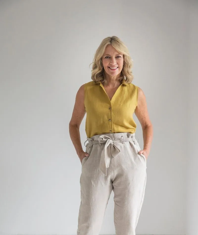 SAMPLE SALE<br>Mustard Linen Sleeveless Shirt<br>Medium