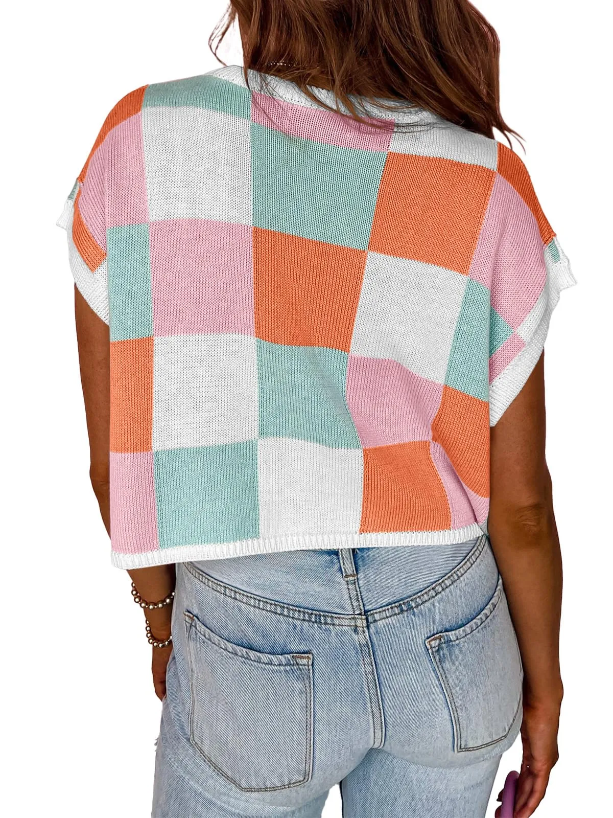 Saodimallsu Womens Cap Sleeve Crop Tops Summer Color Block Going Out Crew Neck Knit Trendy Casual Sweater A-Pink
