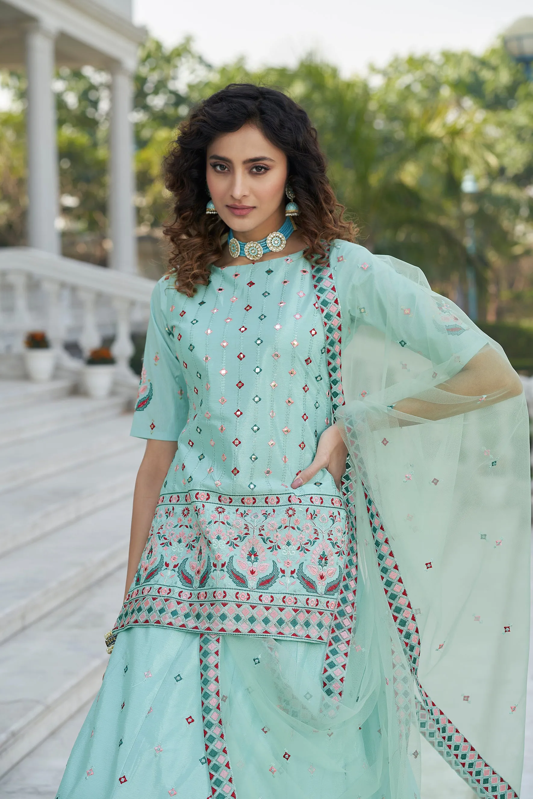 Sky Blue Color Gota Patti Work Designer Lehenga Suit
