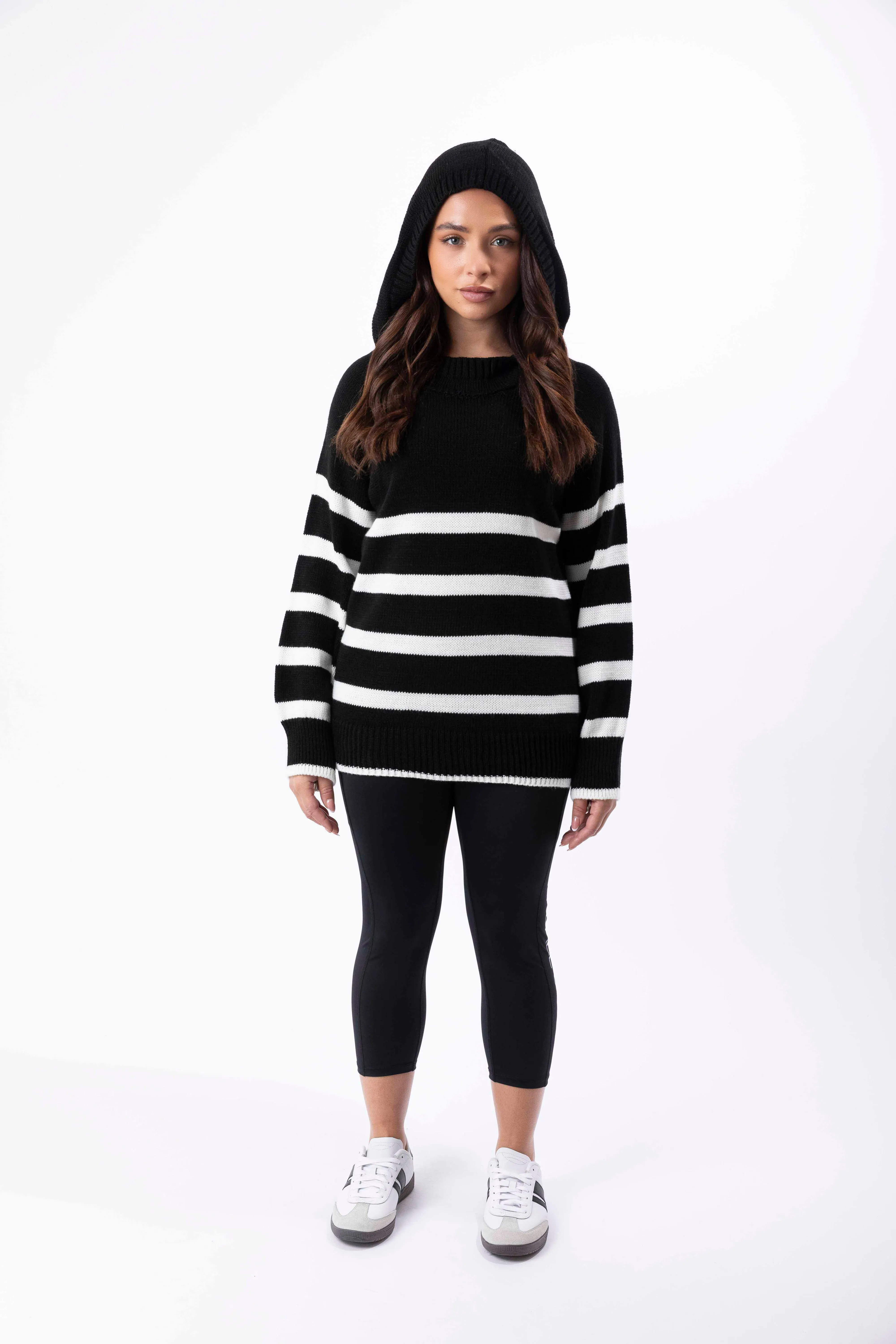 Stripy Knit High Neck Hoodie Jumper