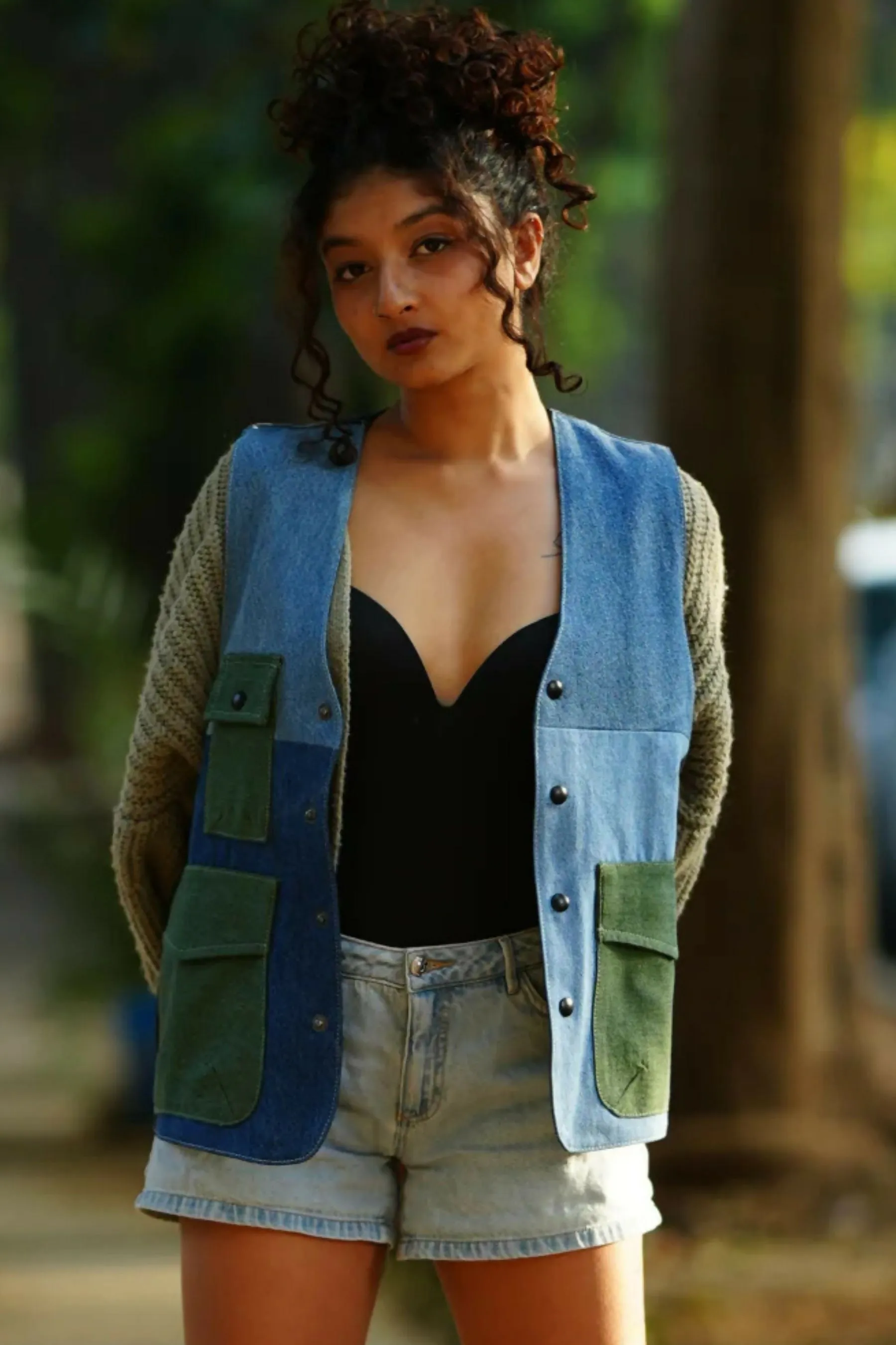 Upcycled Textured Denim Gilet Jacket
