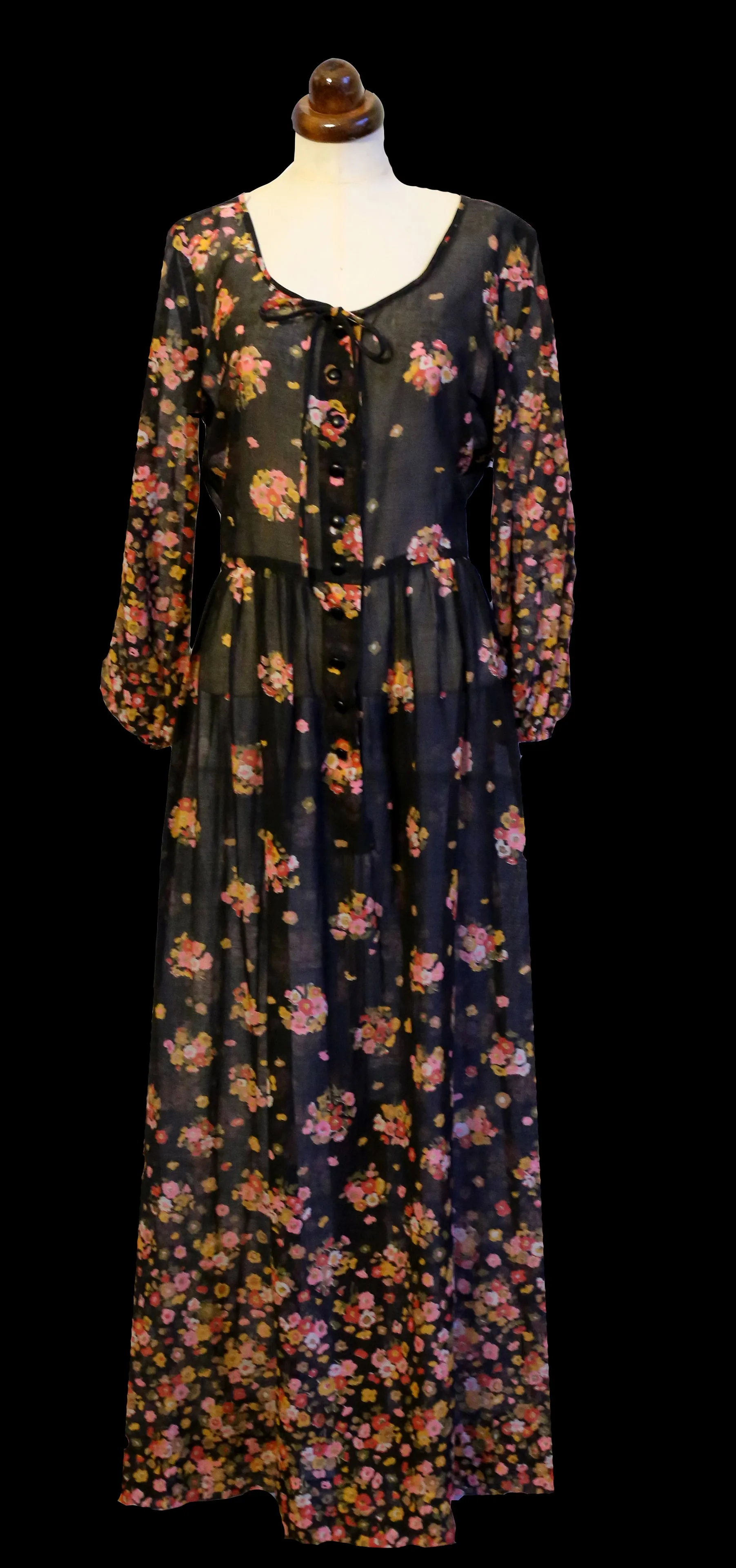Vintage 1970s Black Floral Muslin Maxi Dress