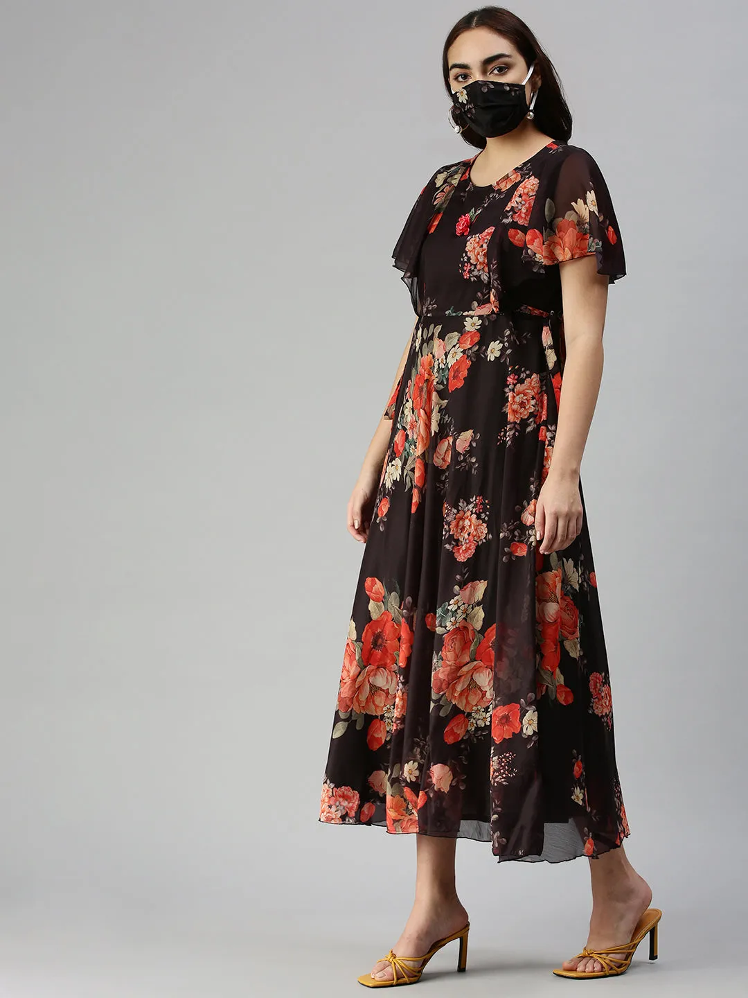 Women's Black Printed Fit and Flare Dress