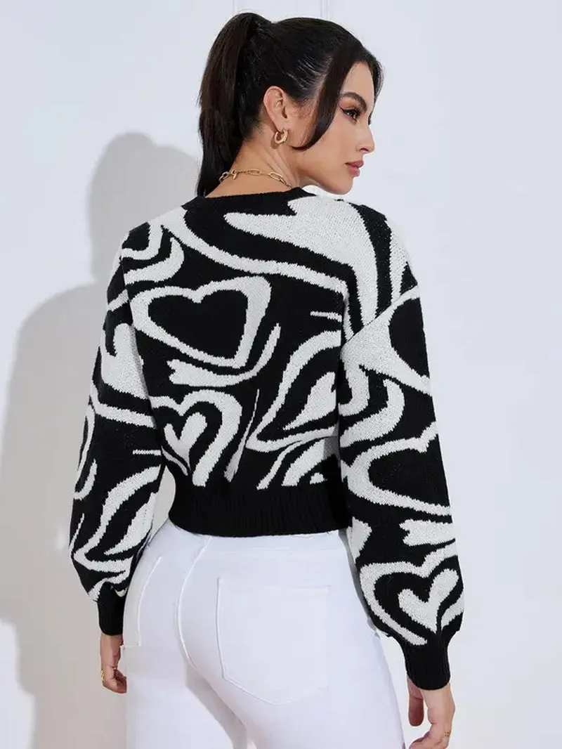 YOZY Women'S Spring Heart Print Bishop Sleeve Crop Sweater, Casual Long Sleeve round Neck Jumper, Comfort Knitting Pullover Top, Lady Knitwear Clothing for Daily Wear, Womenswear